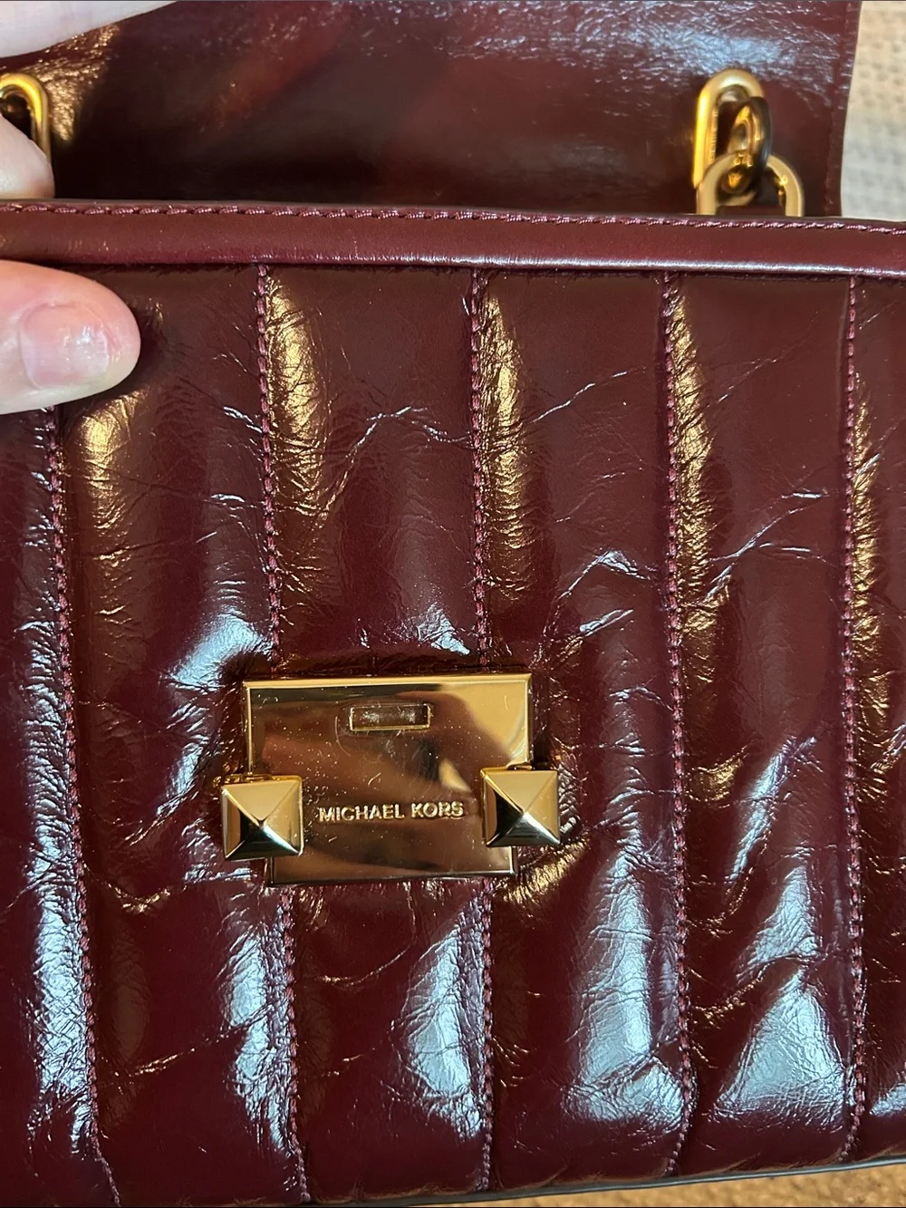 Michael Kors Quilted Patent Satchel in Deep Burgundy